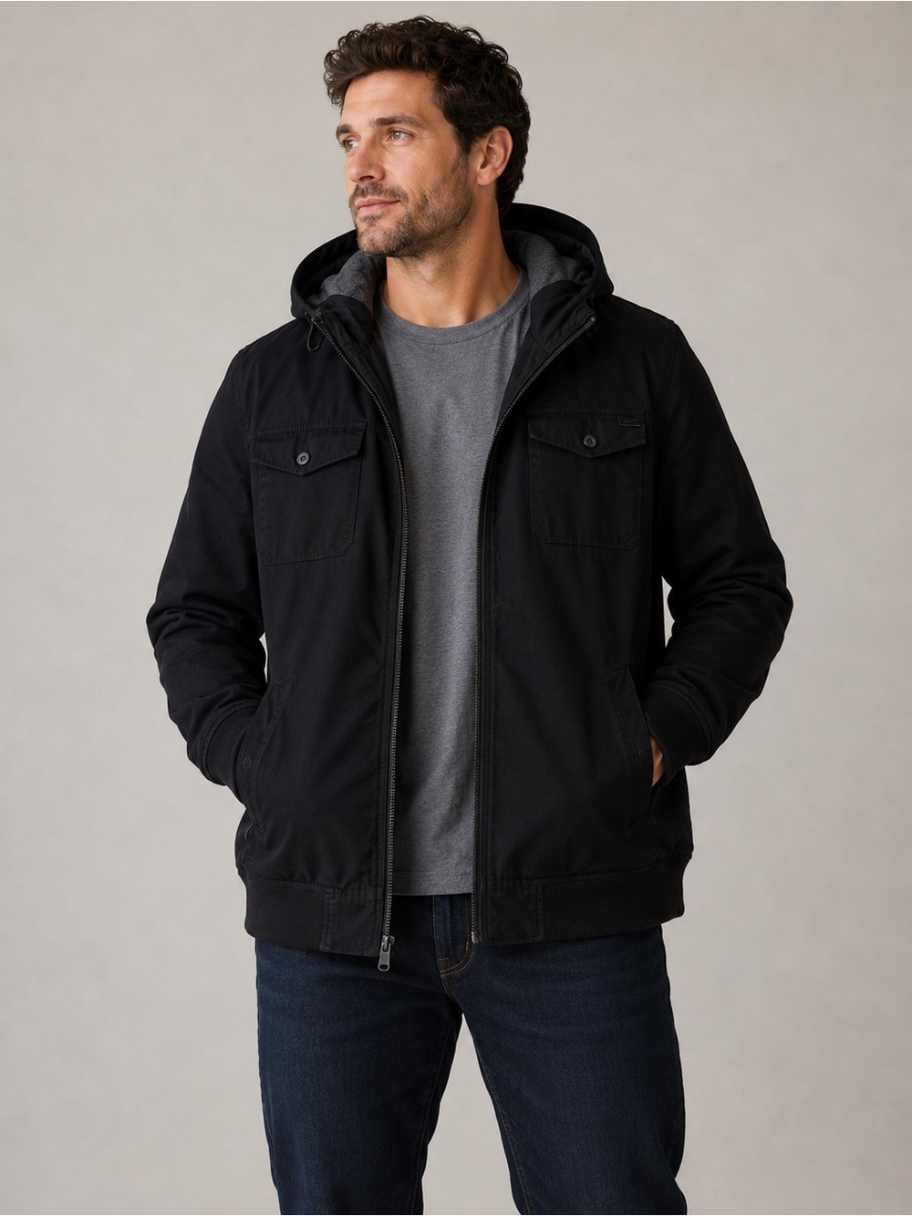 Nixon Mens XL Black Hooded Field Jacket Canvas Zip Up Utility Bomber Coat
